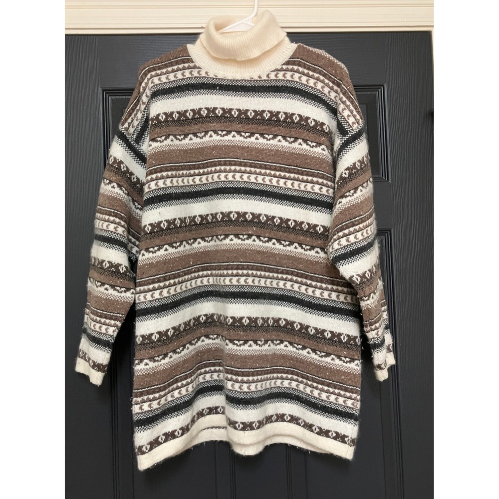 Maglia Donna Vintage Wool Angora Fair Isle Turtleneck Sweater Brown Italy M